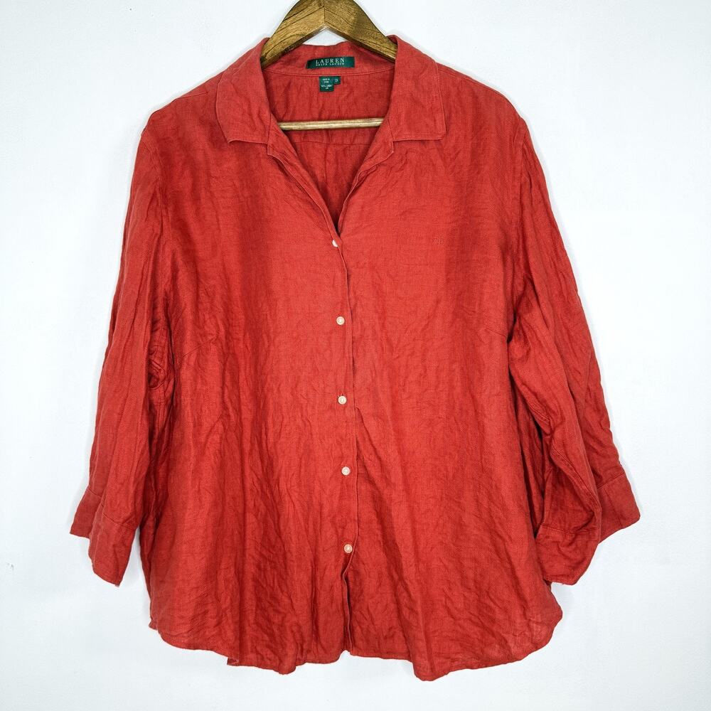 Ralph Lauren Top Womens 2X Plus Rust Red Linen Collared Button Tunic
